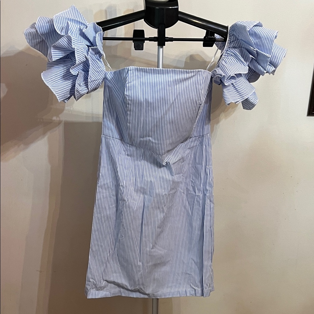 NWT Stylekeepers Off-Shoulder Blue Striped Dress with Ruffles